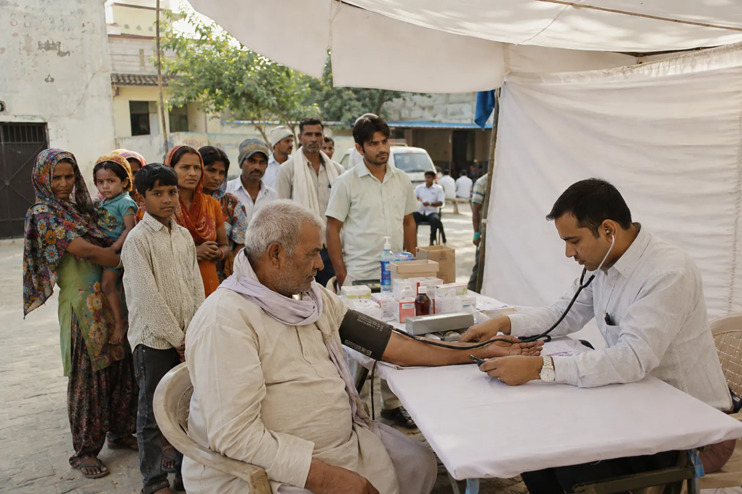 Illustration: a clinician checking a patient at an outdoor medical camp